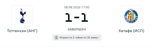 Тоттенхэм Хотспур - Хетафе результат матча 08.08.2026