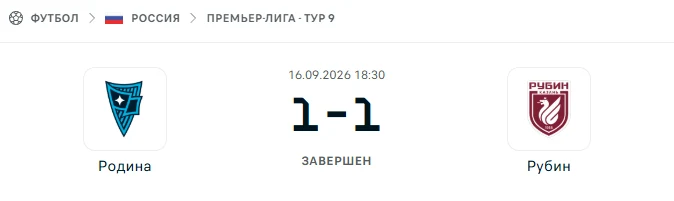 Родина - Рубин Казань результат матча