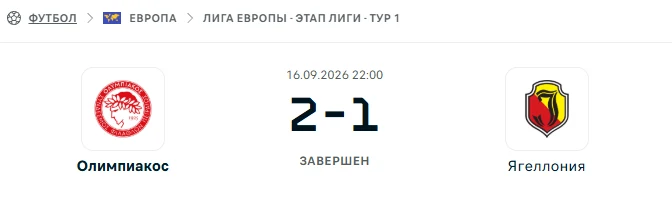 Олимпиакос - Ягеллония результат матча