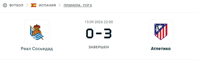 Реал Сосьедад - Атлетико Мадрид результат матча