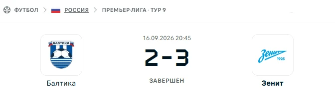 Балтика - Зенит результат матча