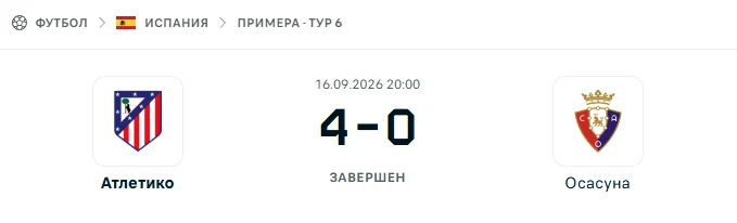 Атлетико Мадрид - Осасуна результат матча