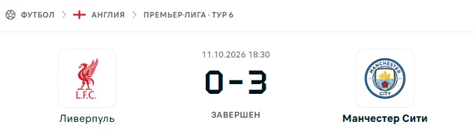 Ливерпуль - Манчестер Сити результат матча