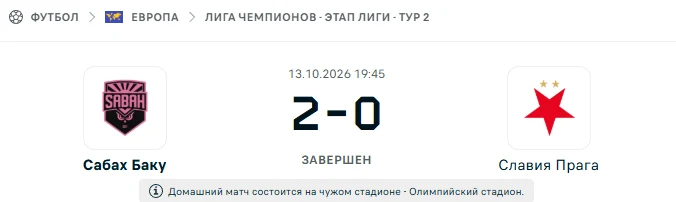 Сабах Баку - Славия Прага результат матча