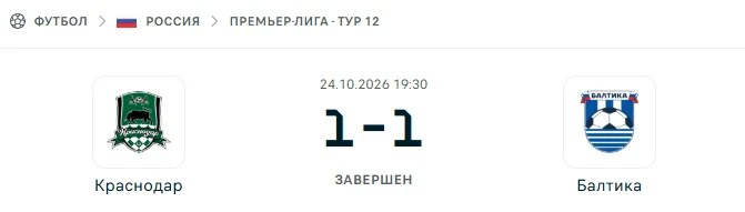 Краснодар - Балтика Калининград результат матча