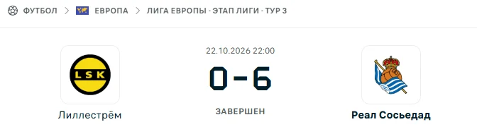 Лиллестрём - Реал Сосьедад результат матча
