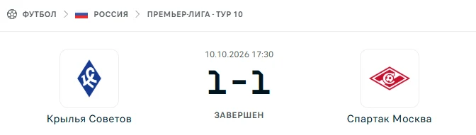 Крылья Советов - Спартак Москва результат матча