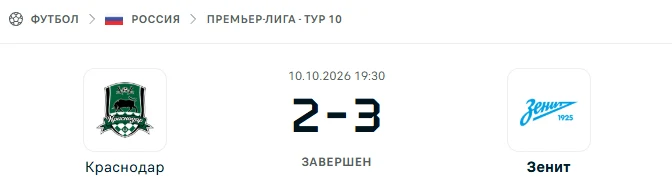 Краснодар - Зенит Санкт-Петербург результат матча