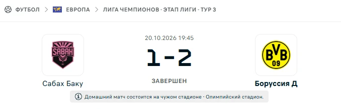 Сабах Баку - Боруссия Дортмунд результат матча